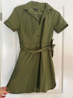 J. Crew Factory Olive Green Utility Style Shirt Dress with Tie Waist